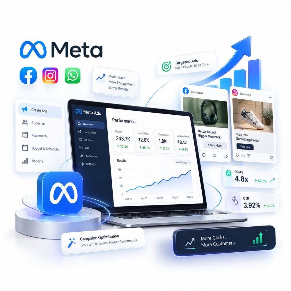 Meta Ads dashboard showing reach, clicks, ROAS and CTR