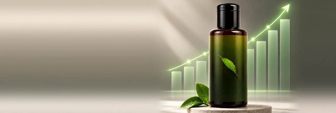 Ayurvedic oil bottle on a stone podium in front of a glowing green growth chart
