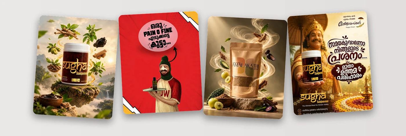 Four social media poster designs for Ayurvedic products